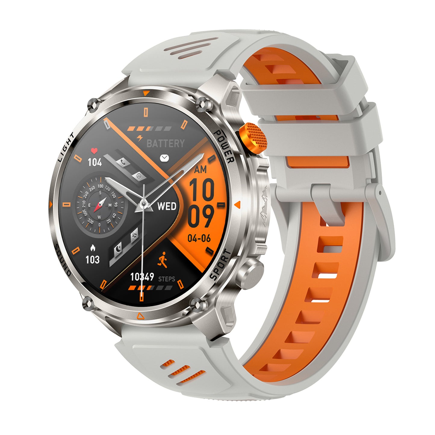 Sport smartwatch left side showing buttons – grey-orange silicone strap