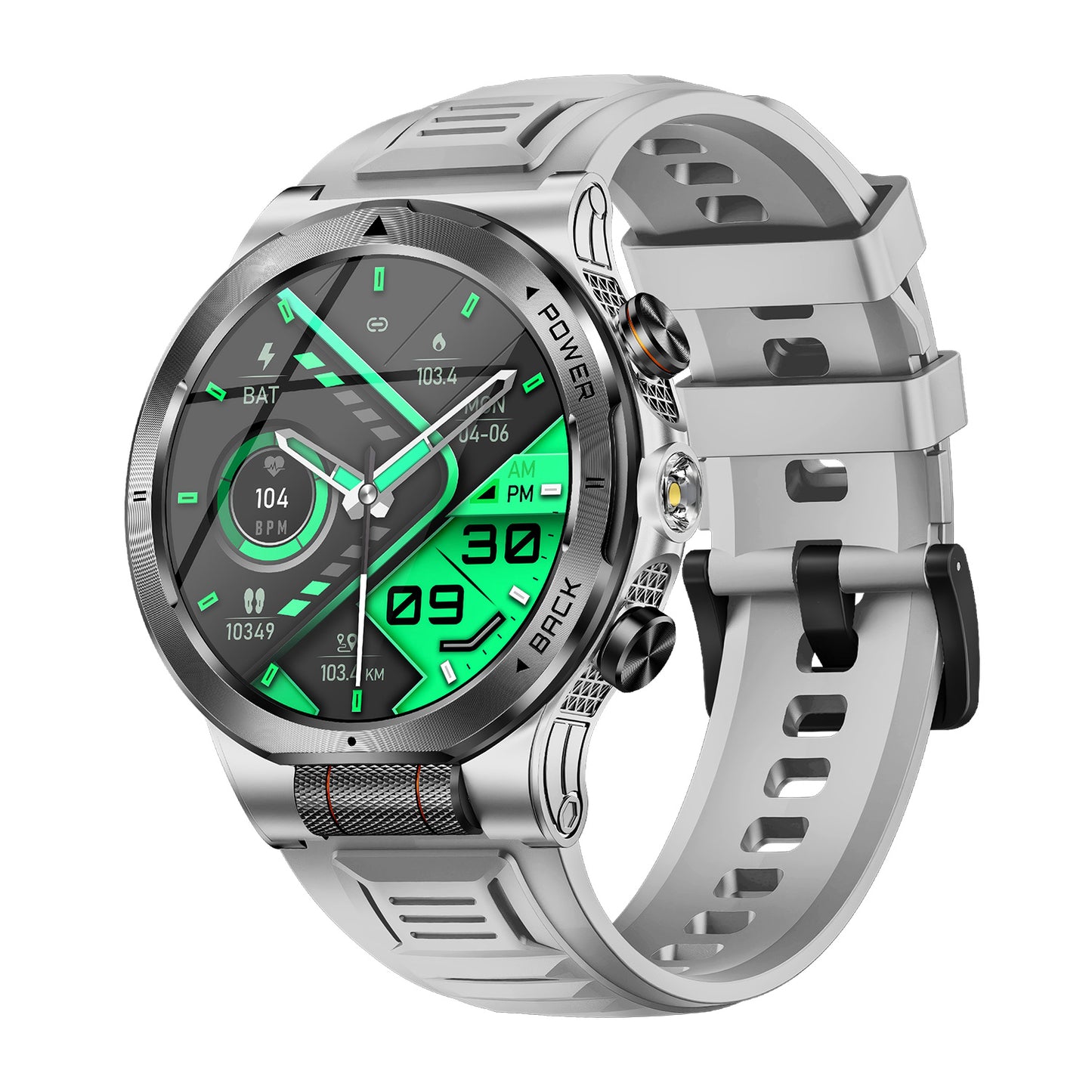 Gray sport smartwatch right side profile showcasing neutral strap and watch design