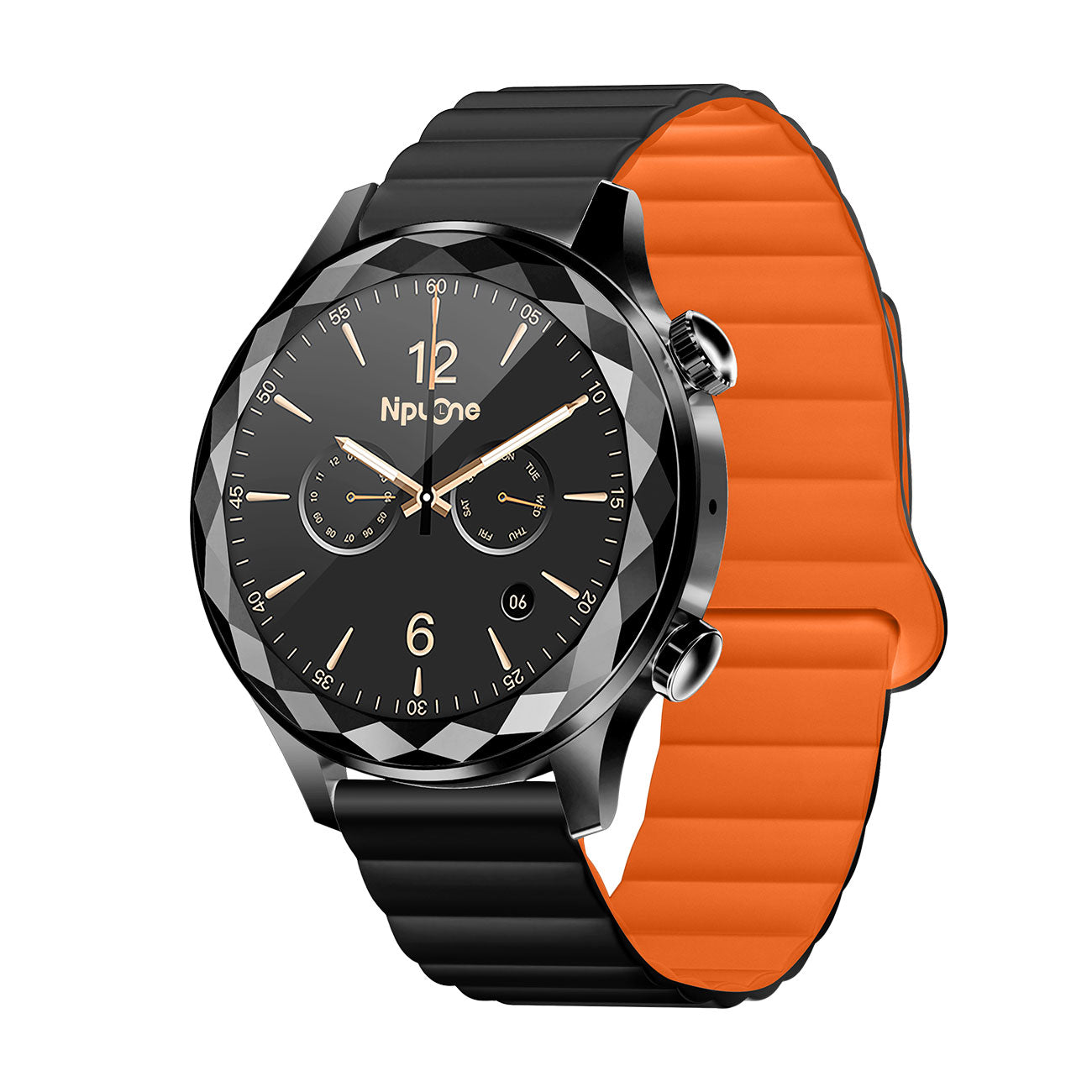 Women's smartwatch left side showing slim profile – orange magnetic silicone strap