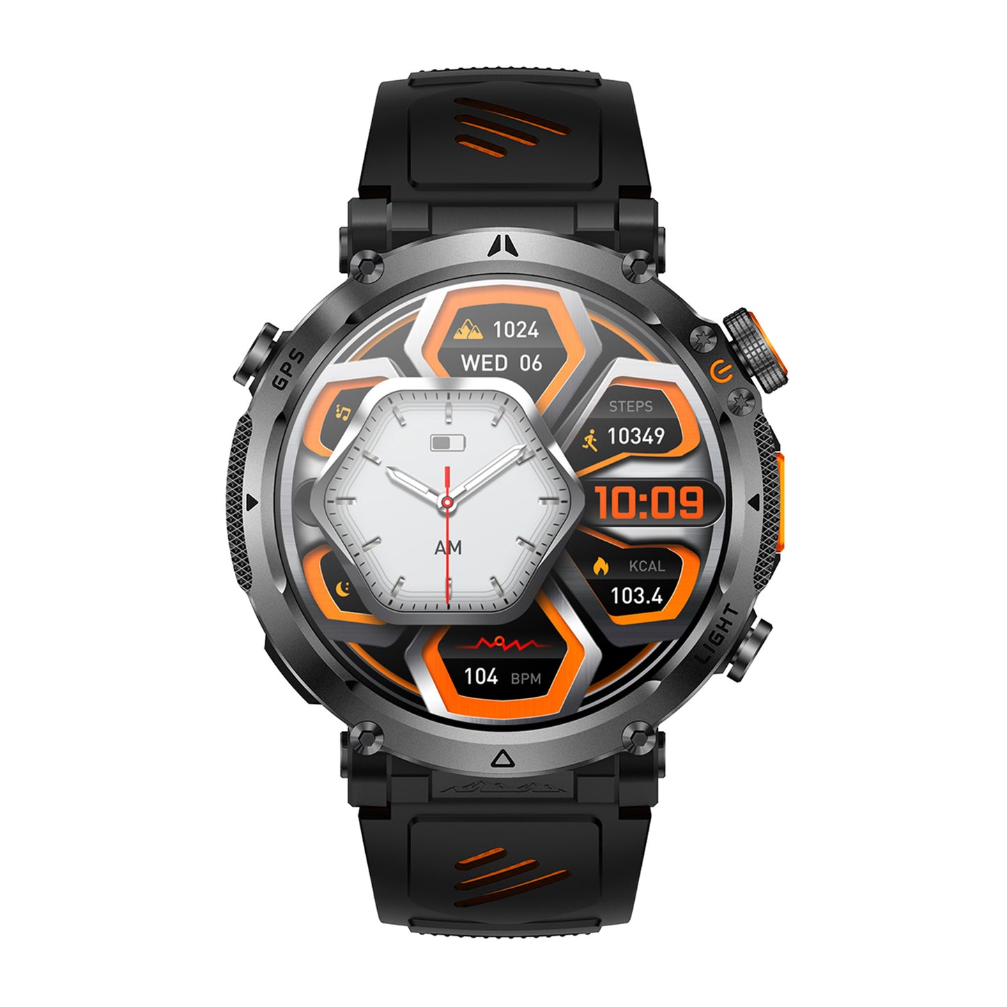 GPS smartwatch front view with 1.7″ display – Black/Blue/Orange silicone strap