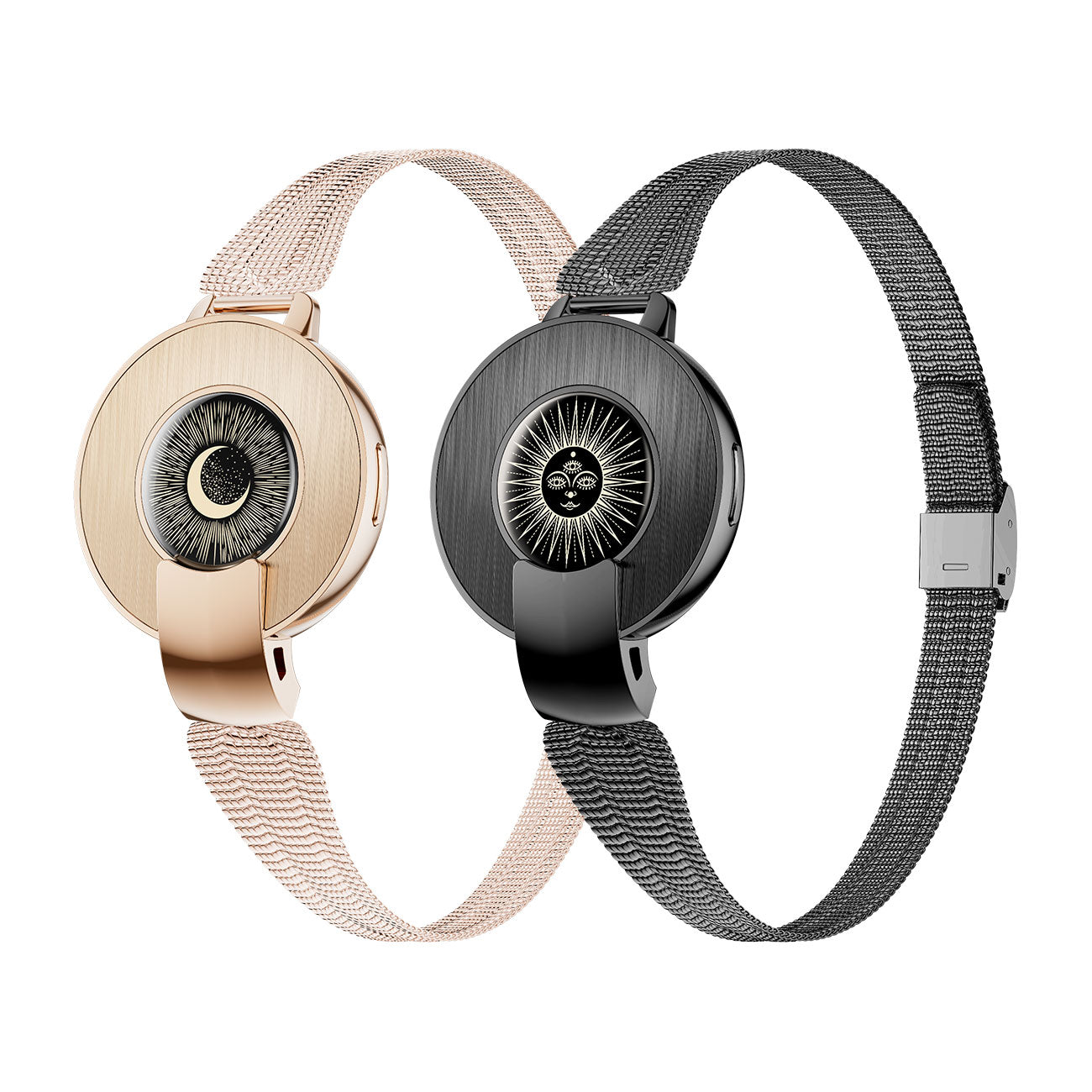 Couples fitness tracker band left profile – black gold band