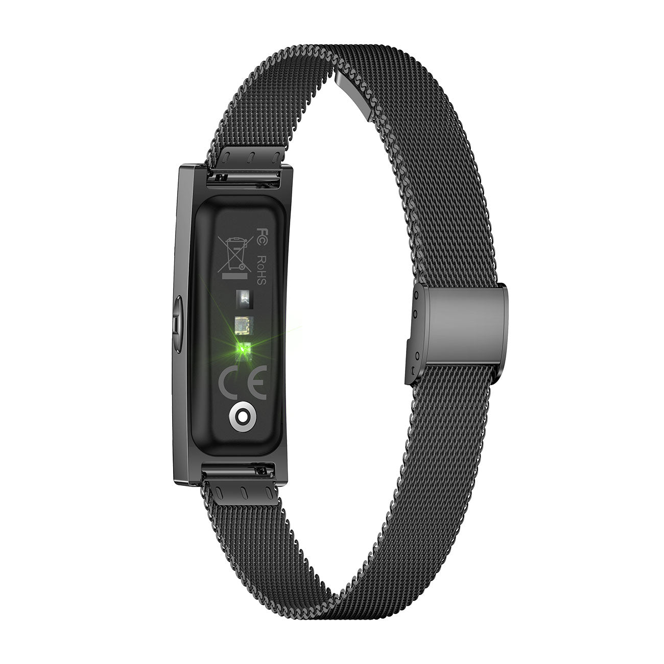 Couples fitness tracker nsq14 back view with black steel strap