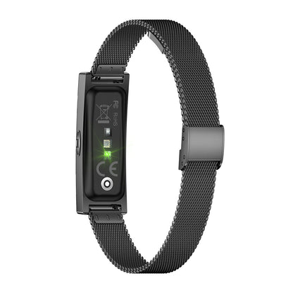 Couples fitness tracker nsq14 back view with black steel strap