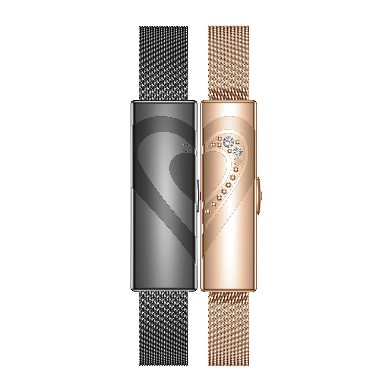 Couples fitness tracker nsq14 front view with black gold steel strap