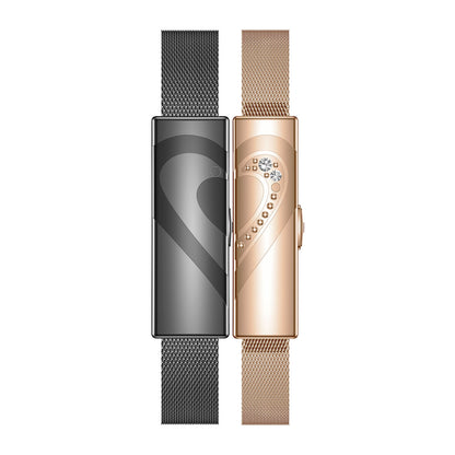 Couples fitness tracker nsq14 front view with black gold steel strap