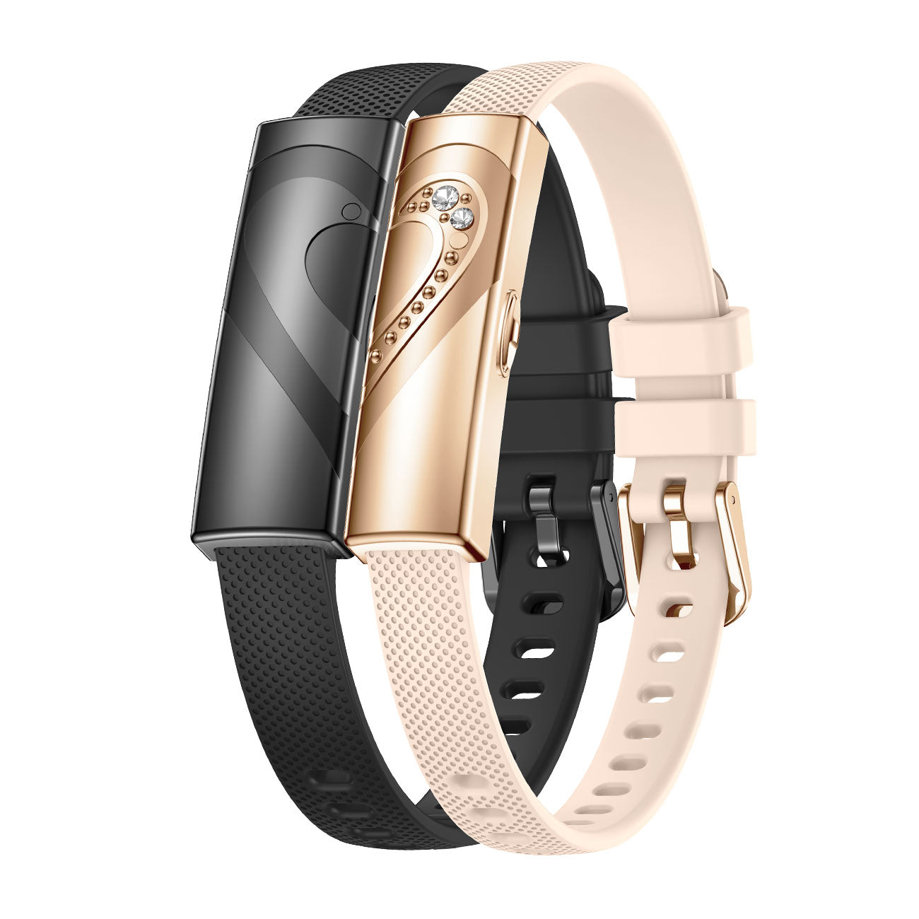 Couples fitness tracker nsq14 left side view with black gold silicone strap