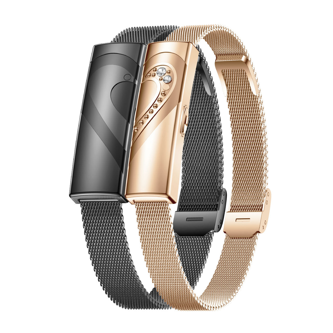 Couples fitness tracker nsq14 left side view with black gold steel strap