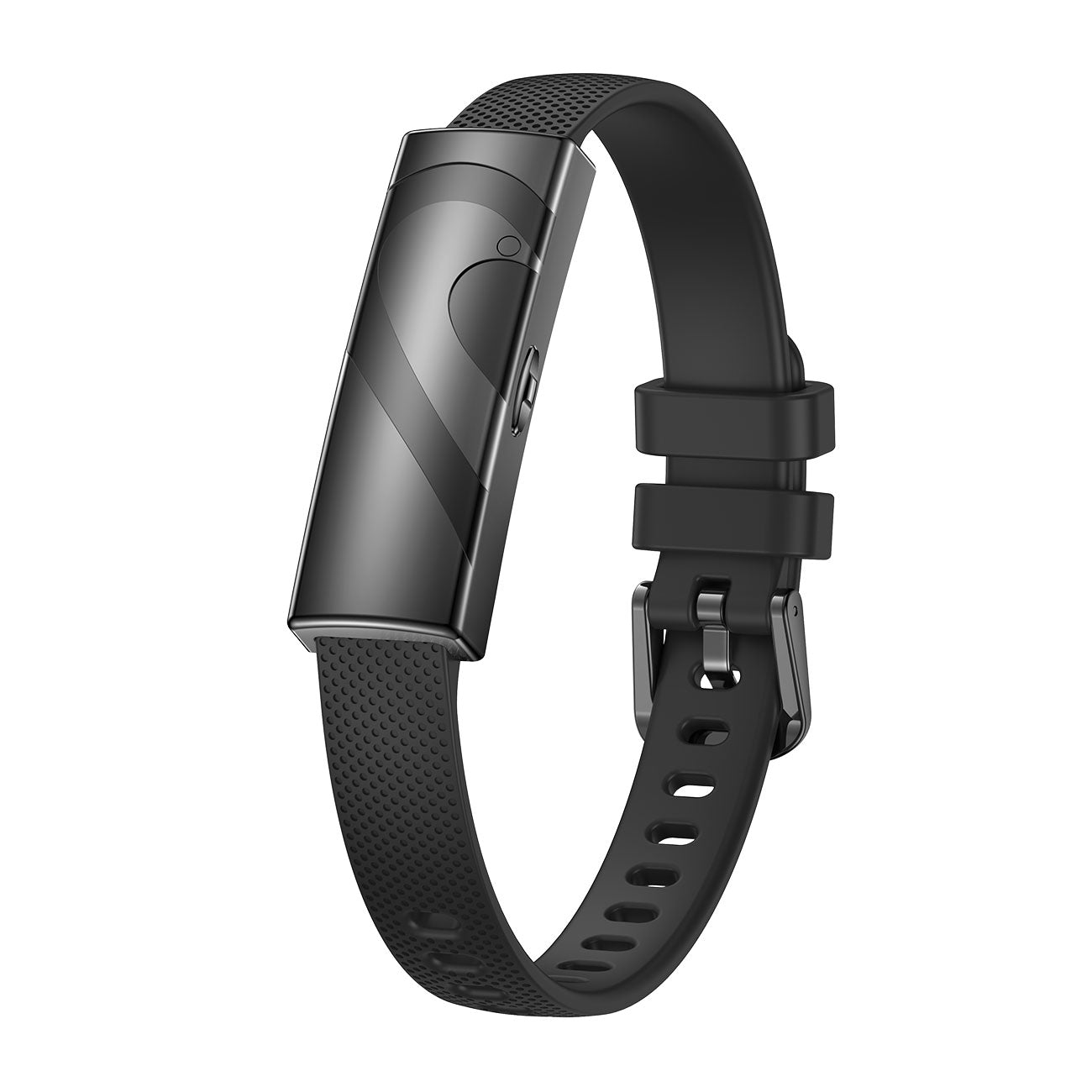 Couples fitness tracker nsq14 left side view with black silicone strap
