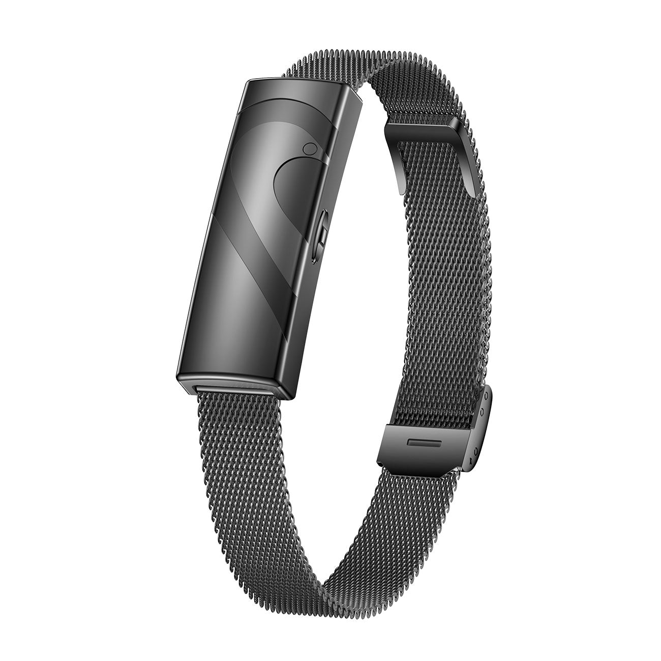 Couples fitness tracker nsq14 left side view with black steel strap