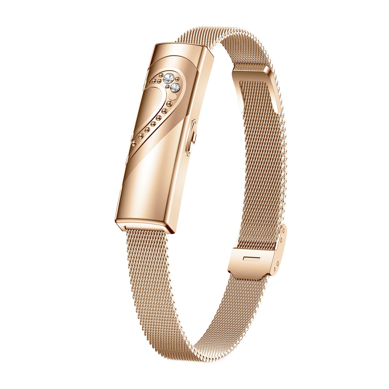 Couples fitness tracker nsq14 left side view with gold steel strap