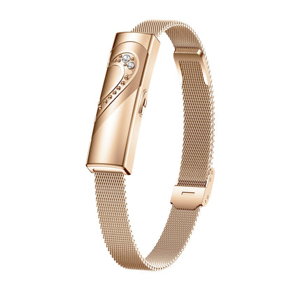 Couples fitness tracker nsq14 left side view with gold steel strap