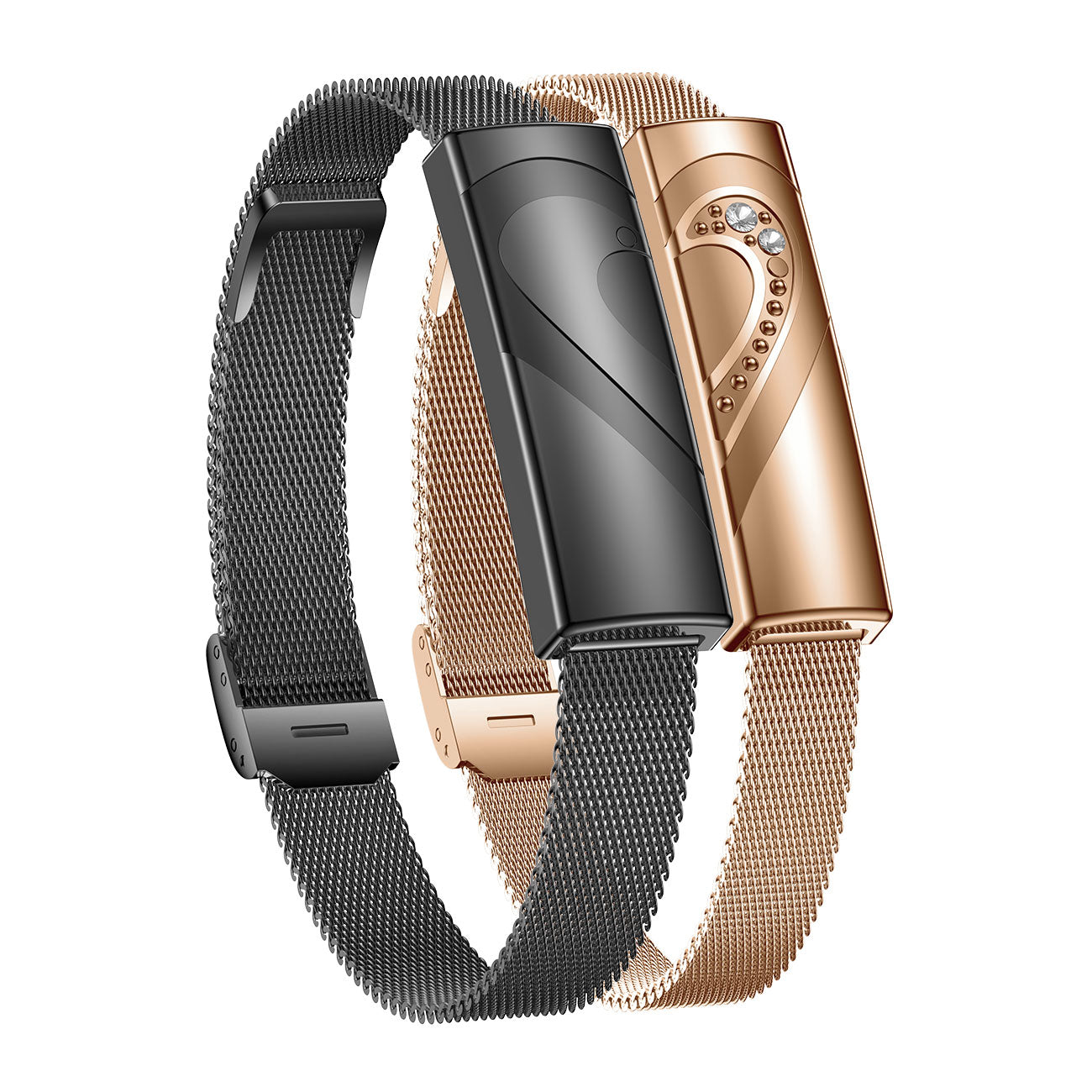 Couples fitness tracker nsq14 right side view with black gold steel strap