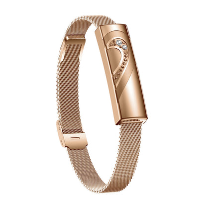 Couples fitness tracker nsq14 right side view with gold steel strap