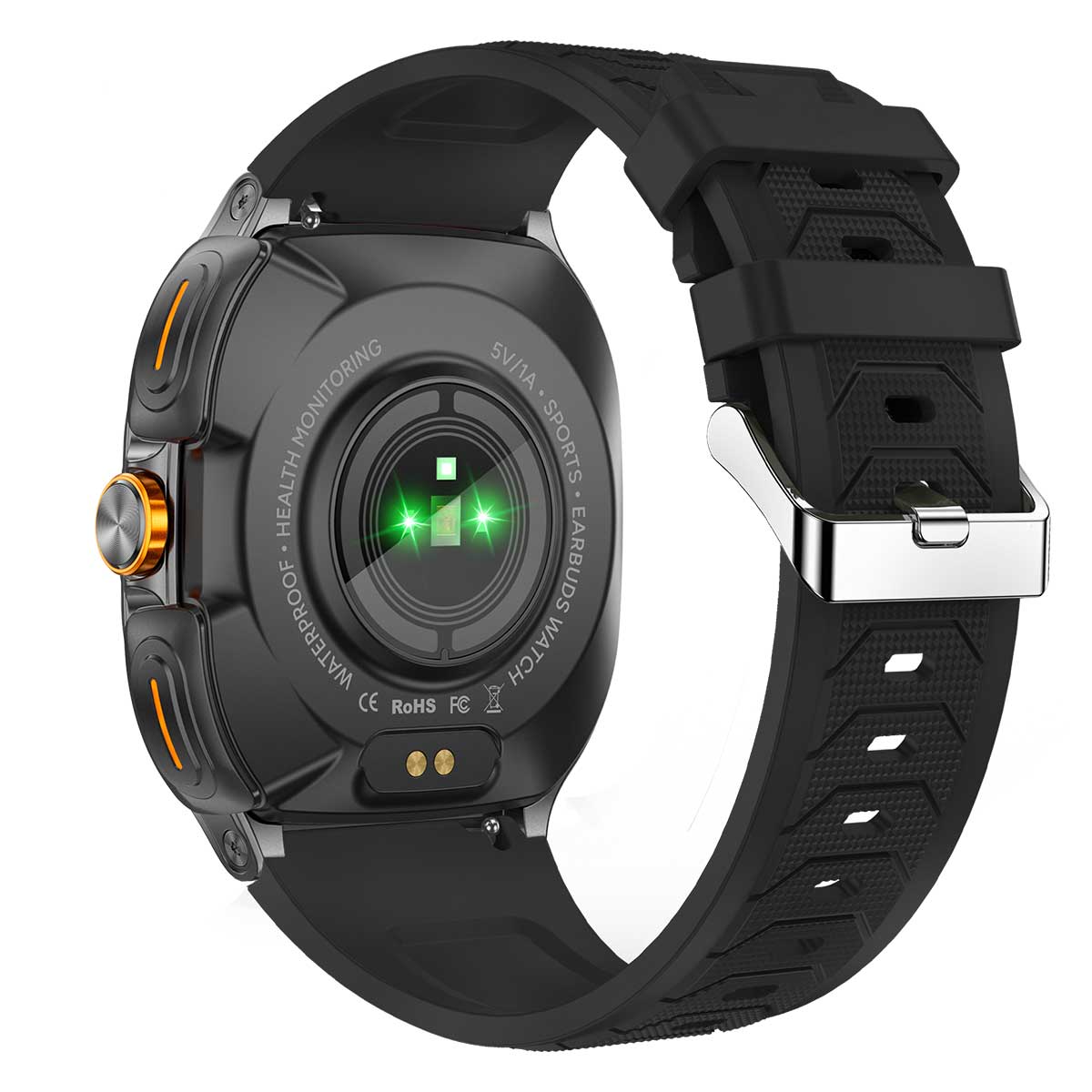 Earbud Smartwatches NIT01 back view with black silicone strap