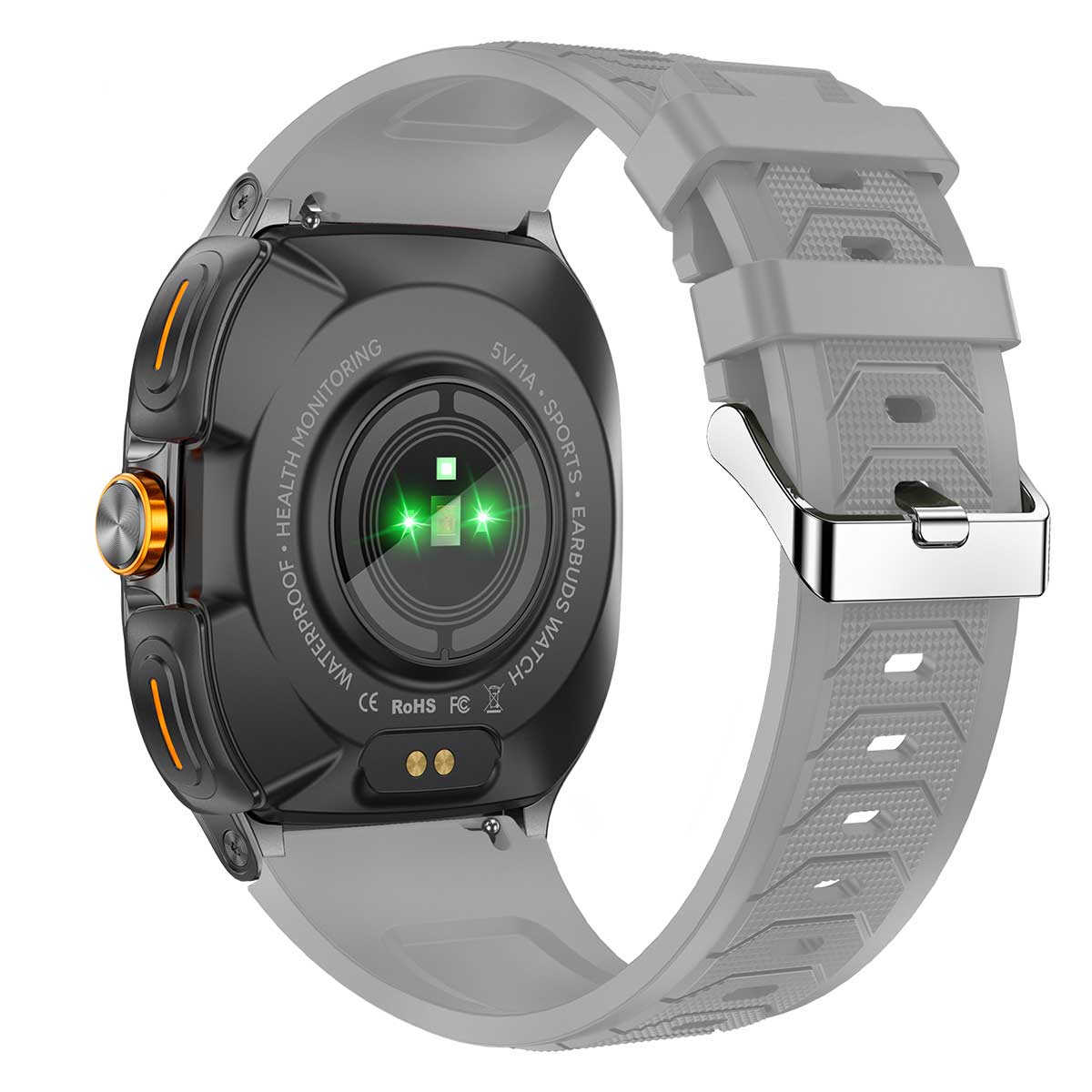 Earbud Smartwatches NIT01 back view with grey silicone strap