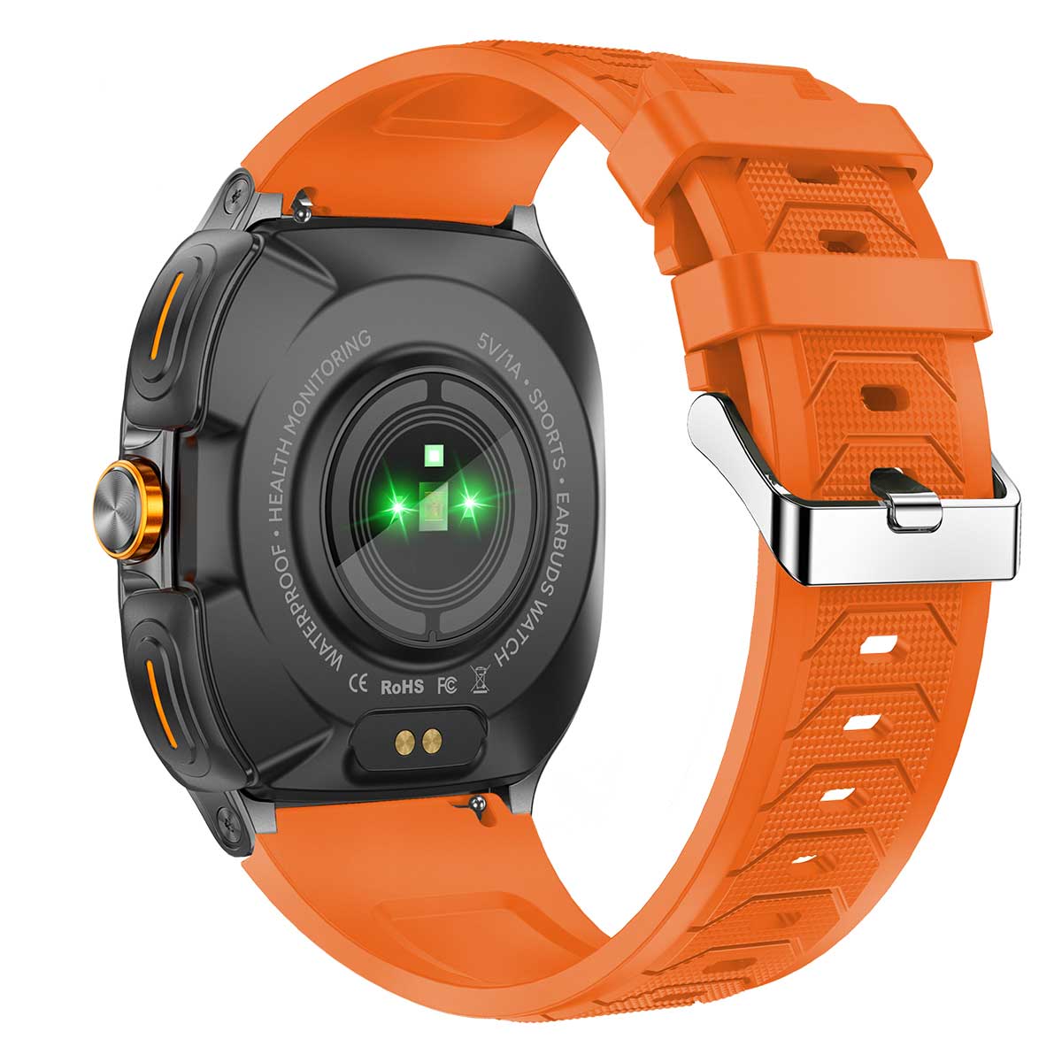 Earbud Smartwatches NIT01 back view with orange silicone strap