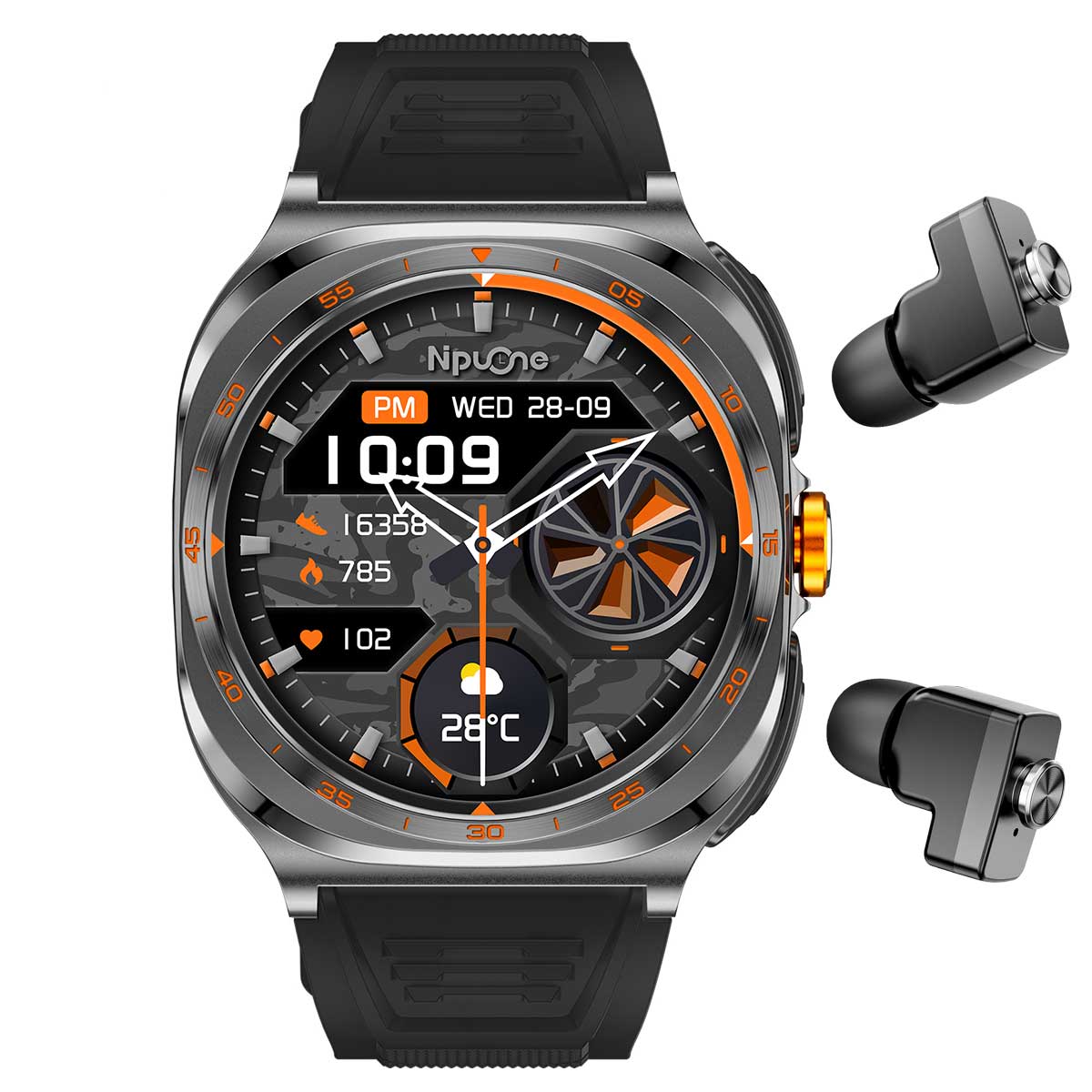 Earbud Smartwatches NIT01 front view with black silicone strap