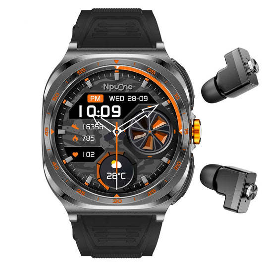 Earbud Smartwatches NIT01 front view with black silicone strap