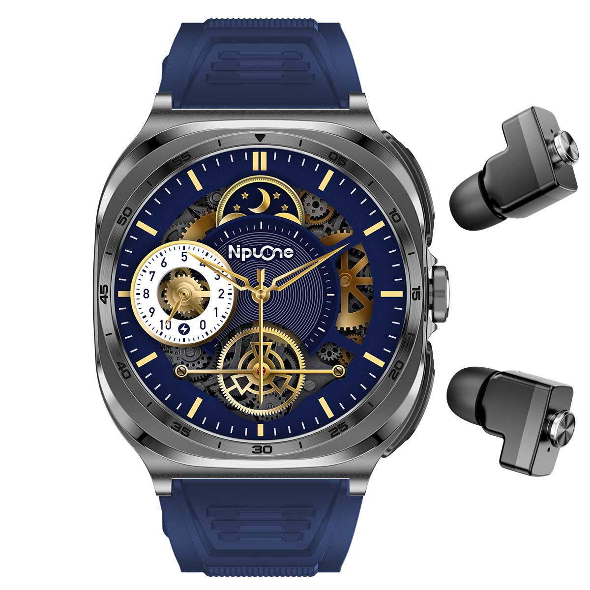 Earbud Smartwatches NIT01 front view with blue silicone strap