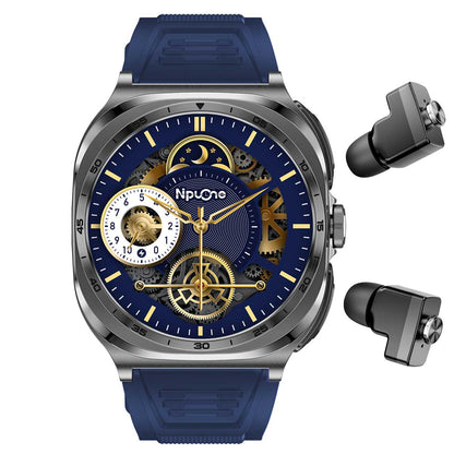 Earbud Smartwatches NIT01 front view with blue silicone strap