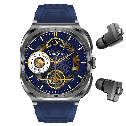 Earbud Smartwatches NIT01 front view with blue silicone strap