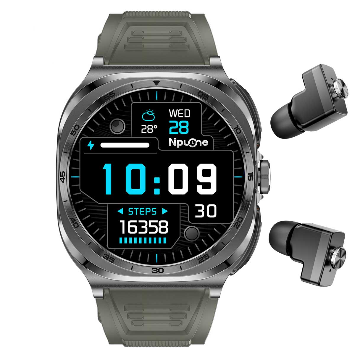 Earbud Smartwatches NIT01 front view with green silicone strap