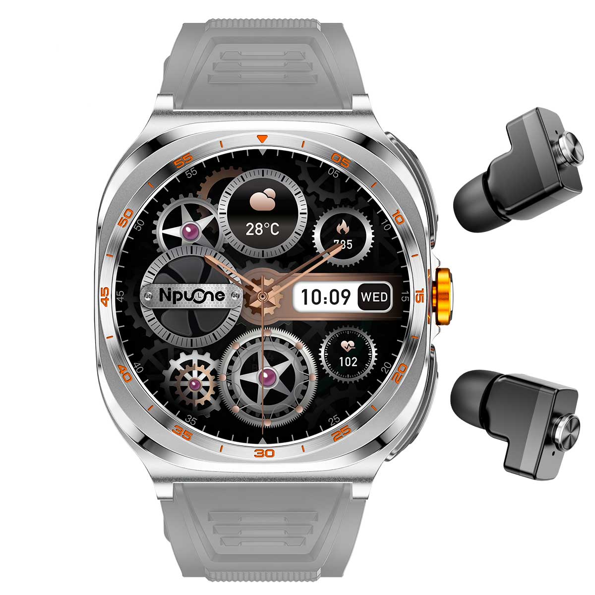 Earbud Smartwatches NIT01 front view with grey silicone strap