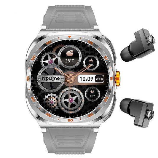 Earbud Smartwatches NIT01 front view with grey silicone strap