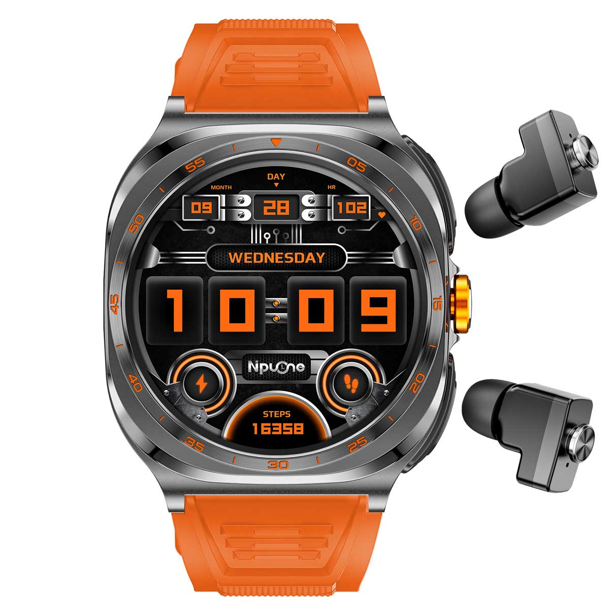 Earbud Smartwatches NIT01 front view with orange silicone strap