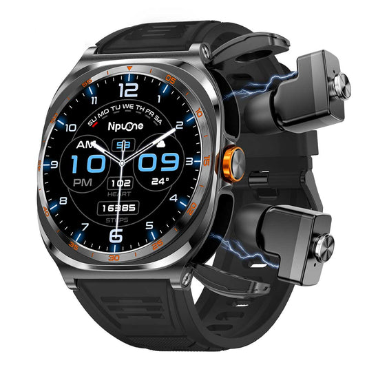 Earbud Smartwatches NIT01 left view with black silicone strap