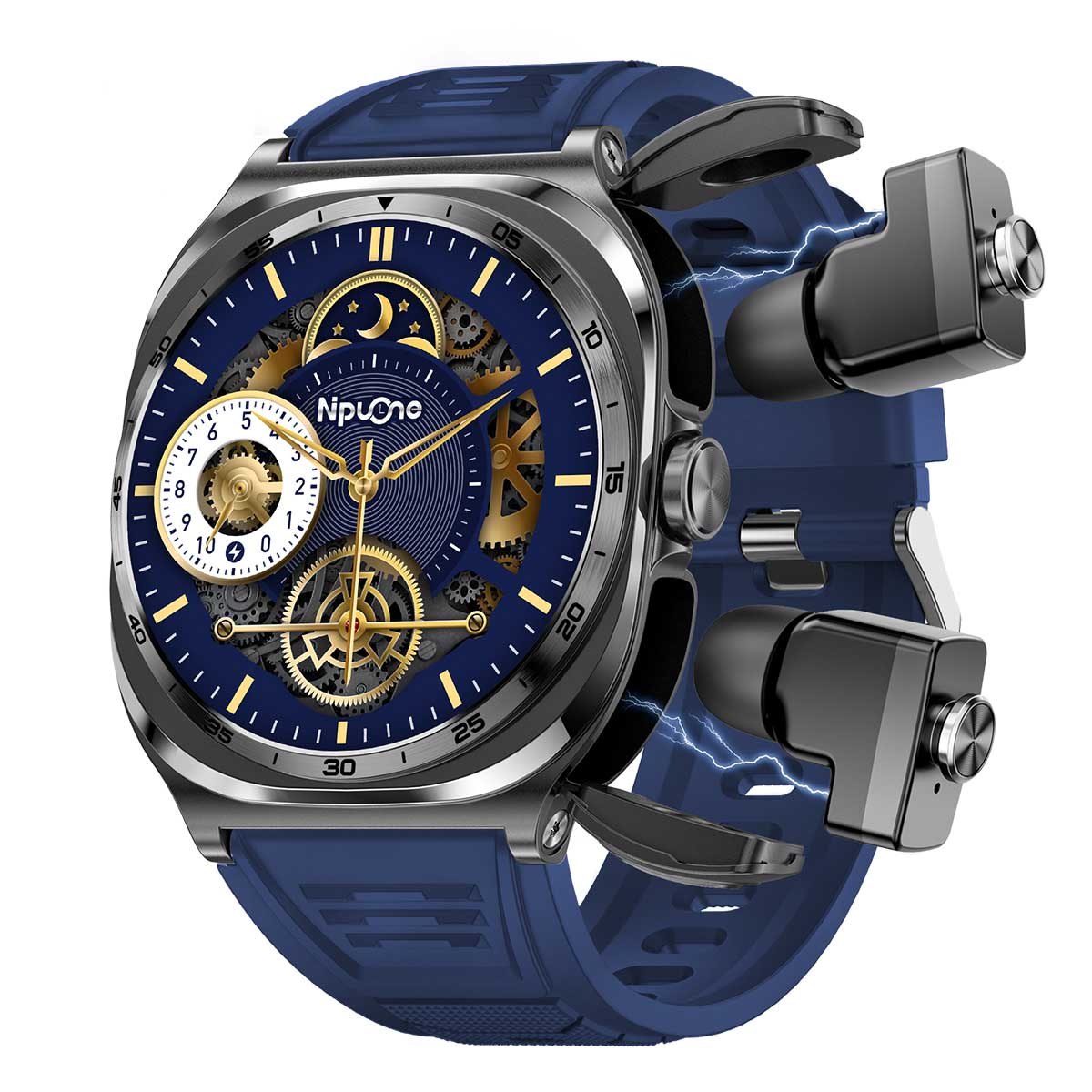 Earbud Smartwatches NIT01 left view with blue silicone strap