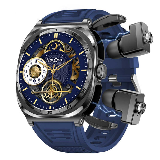 Earbud Smartwatches NIT01 left view with blue silicone strap