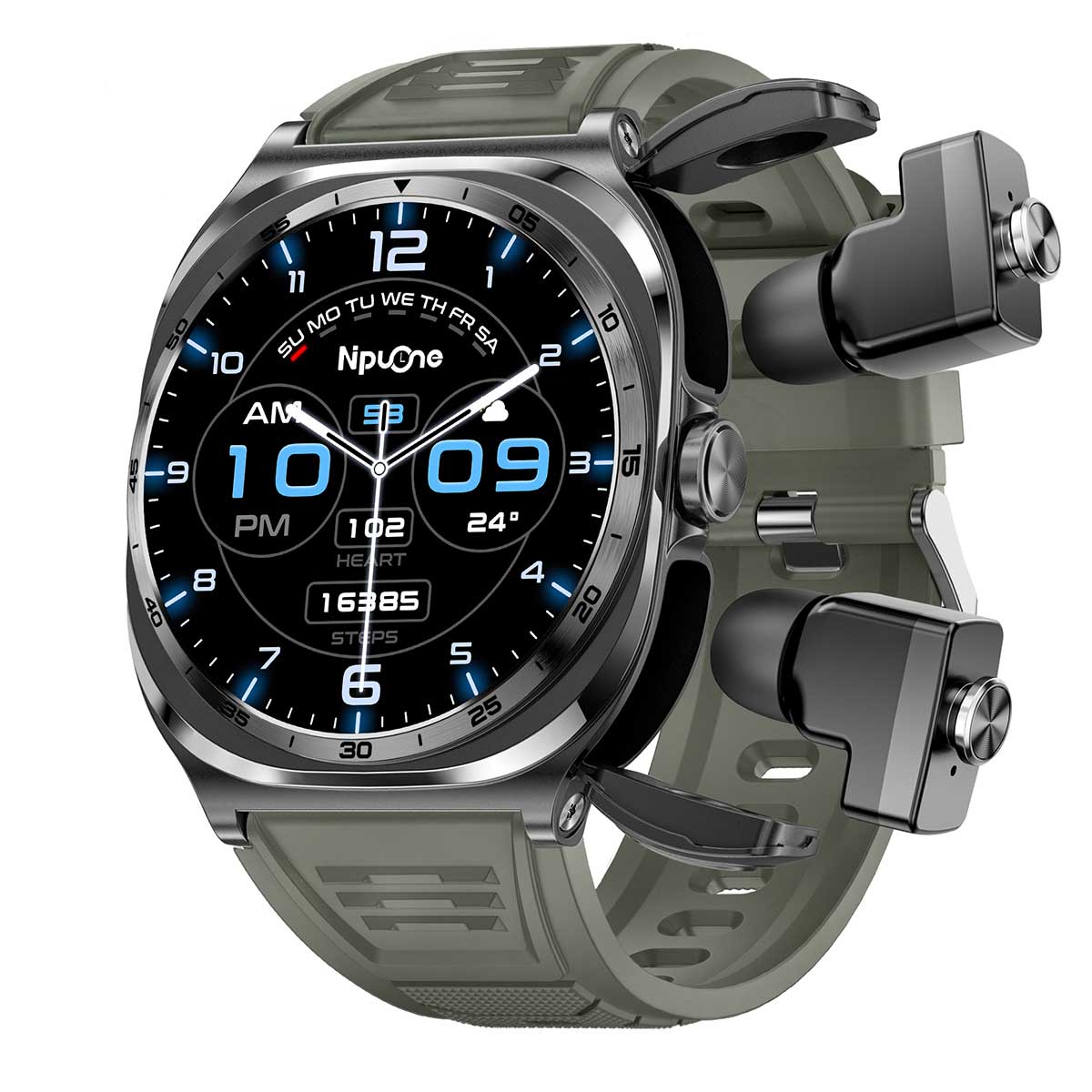 Earbud Smartwatches NIT01 left view with green silicone strap