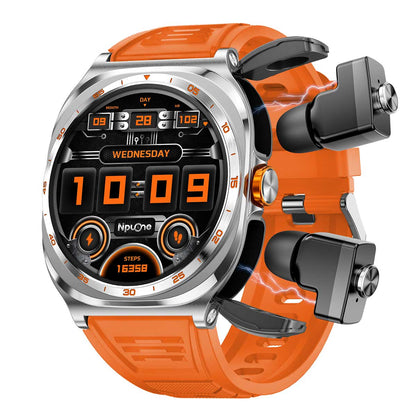 Earbud Smartwatches NIT01 left view with orange silicone strap