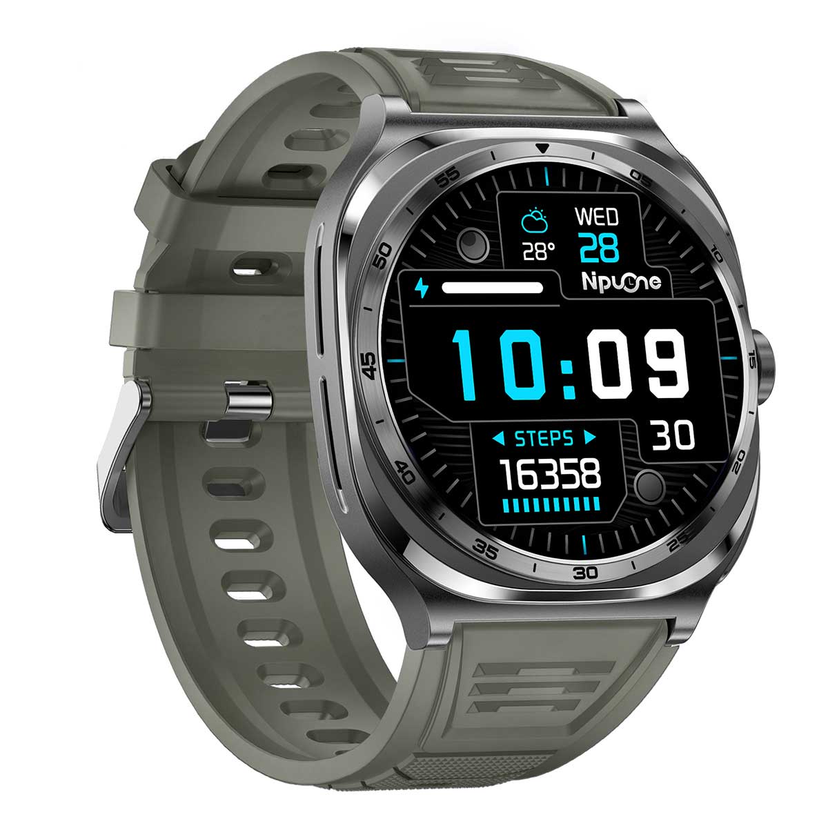 Earbud Smartwatches NIT01 right view with green silicone strap