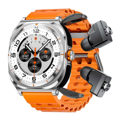 Earbud Smartwatches nwz08 left view with orange silicone strap