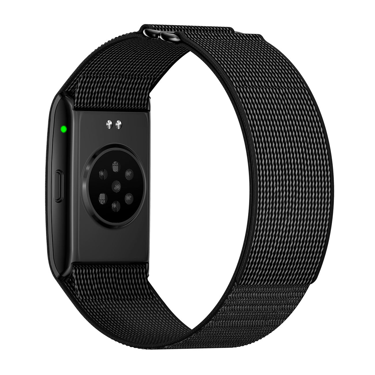 Fitness tracker band back view with nylon black strap