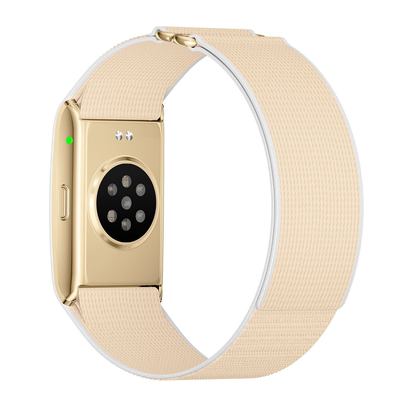 Fitness tracker band back view with nylon gold strap