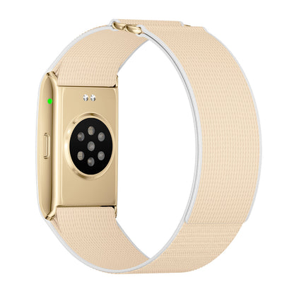 Fitness tracker band back view with nylon gold strap