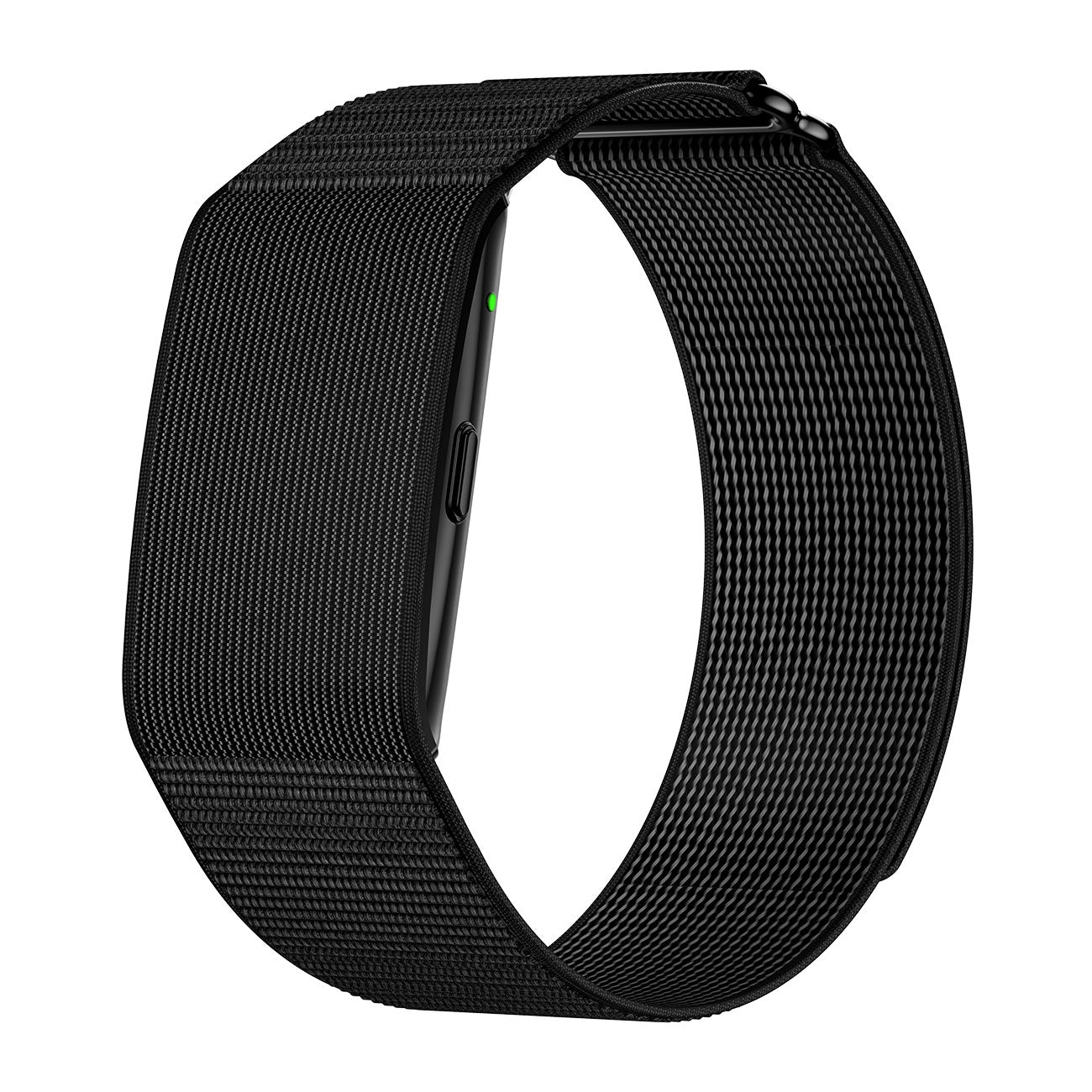 Fitness tracker band left side view with nylon black strap
