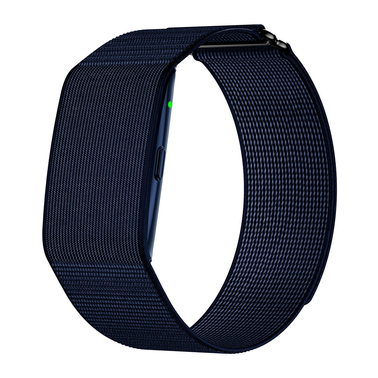 Fitness tracker band left side view with nylon blue strap