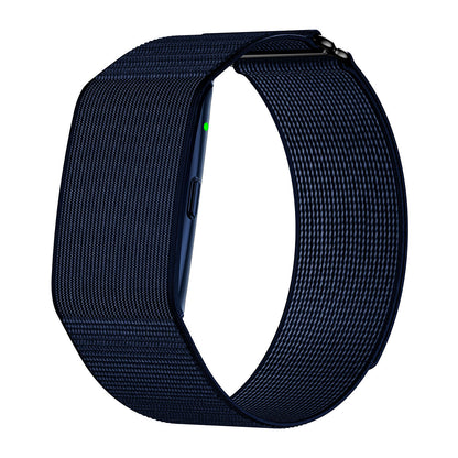 Fitness tracker band left side view with nylon blue strap