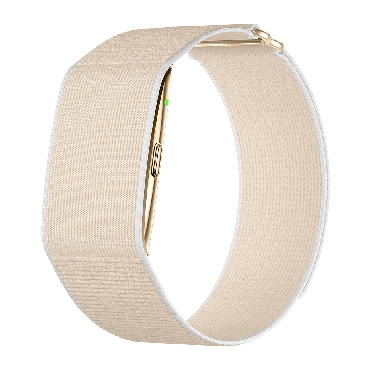 Fitness tracker band left side view with nylon gold strap