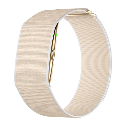 Fitness tracker band left side view with nylon gold strap