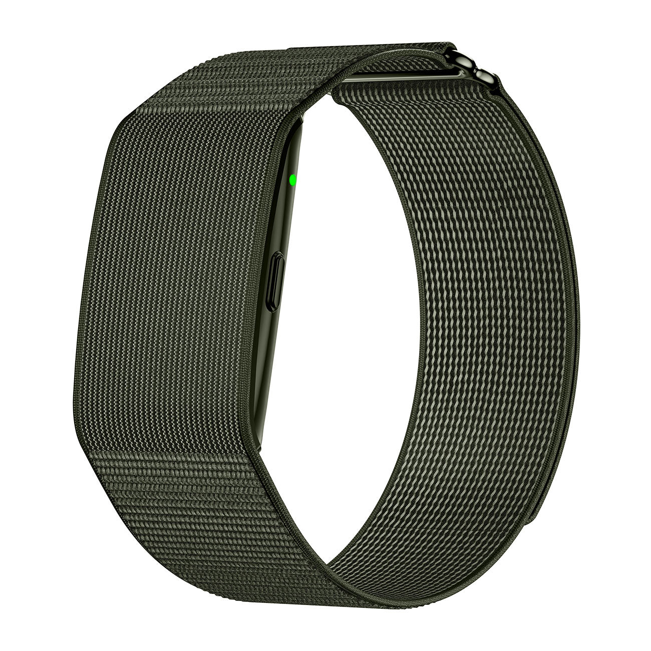 Fitness tracker band left side view with nylon green strap