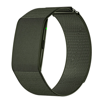 Fitness tracker band left side view with nylon green strap
