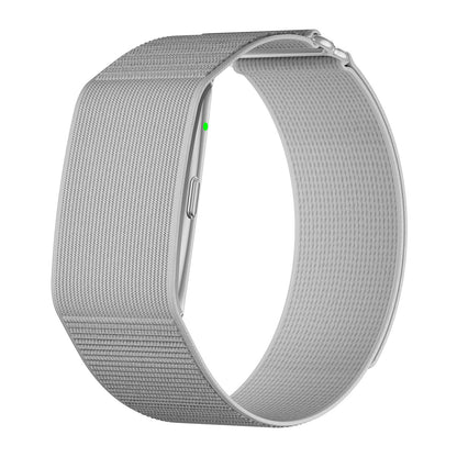 Fitness tracker band left side view with nylon grey strap