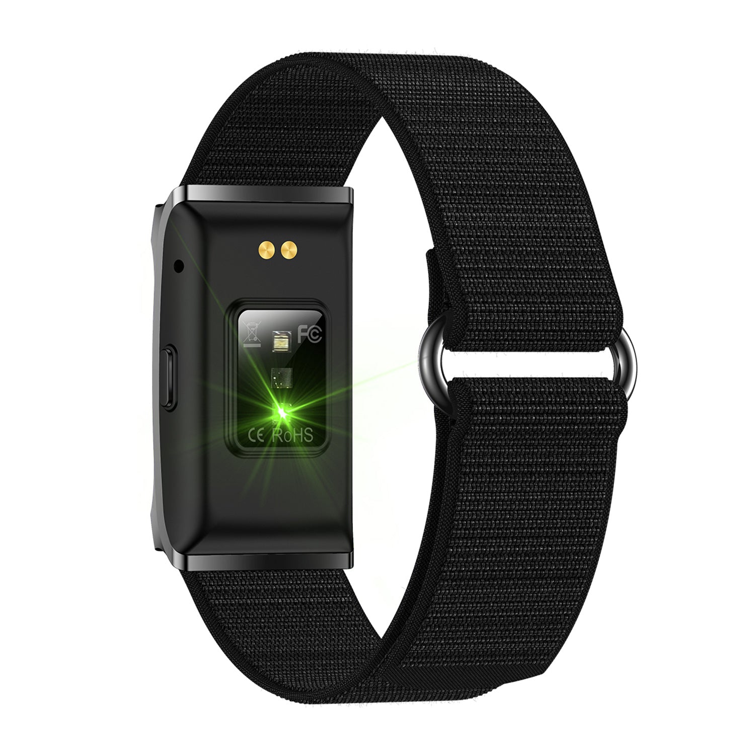 Fitness tracker back view with magnetic nylon blue strap