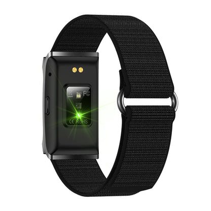 Fitness tracker back view with magnetic nylon blue strap