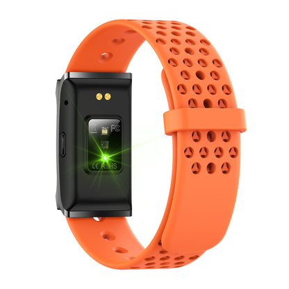 Fitness tracker back view with magnetic silicone orange strap